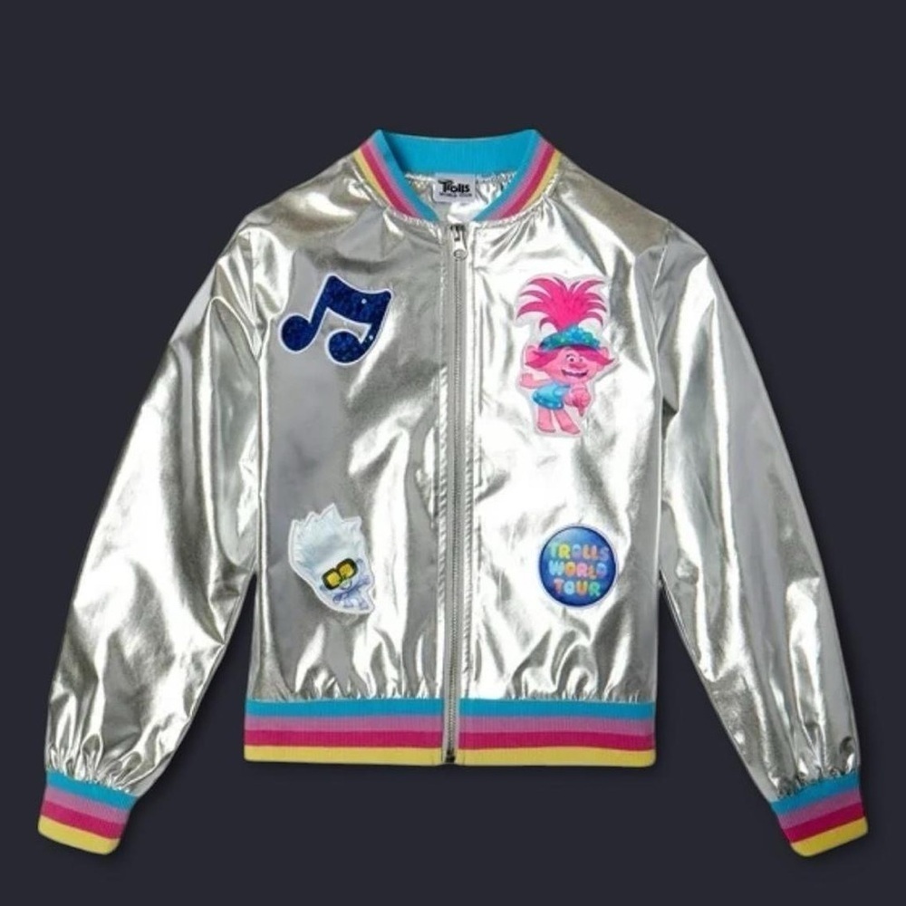 Trolls Girls World Tour Metallic Patchwork Bomber Jacket size 6